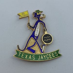 Lufkin Texas Jaycees Pin with Blue Panther Olympics Flag and Hush Puppy Vintage